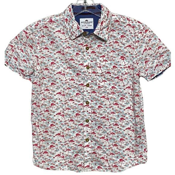 Ricky Singh Flamingo Button Down Shirt Boys S Tropical Hawaiian Vacation Floral - Picture 1 of 8
